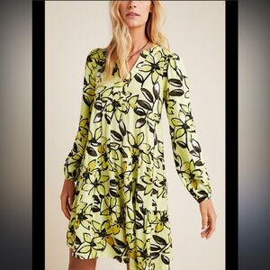 Maeve Anthropologie Yellow/Black Floral Long Sleeve Dress size L